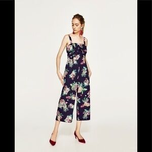 NWT Zara Navy Blue Tropical & Floral Print Cropped Jumpsuit Size XS